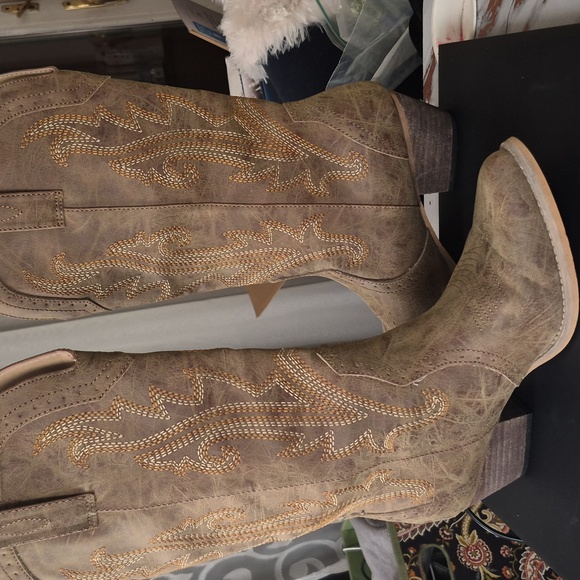 Western Cowgirl  Chunky Heel Mid Calf Snip Toe Vintage Tan Cowboy Boots 9.5 - Picture 11 of 14